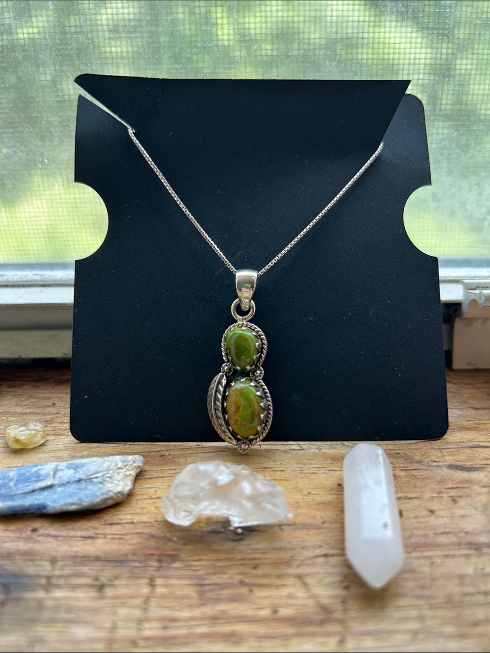Sterling Silver Green Turquoise Double Stone Pendant Necklace